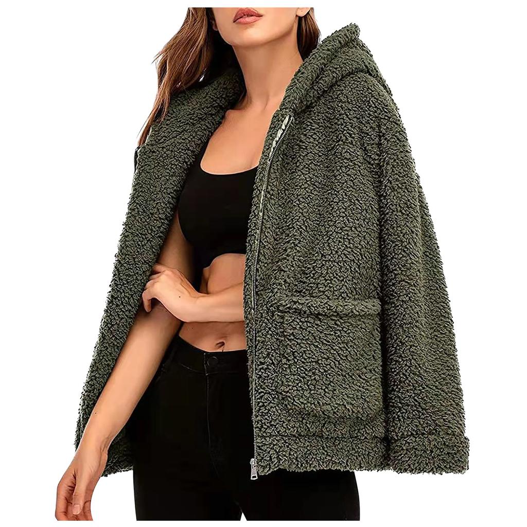 Fashion Casual Ladies Hooded Sweater Plush Pocket Top Solid Color Coat