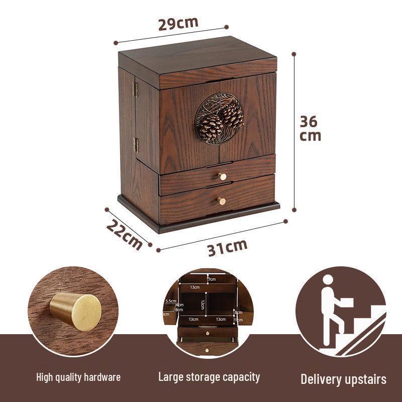 Retro Wooden Makeup and Skincare Organizer with Dustproof Jewelry Box and Lipstick Holder