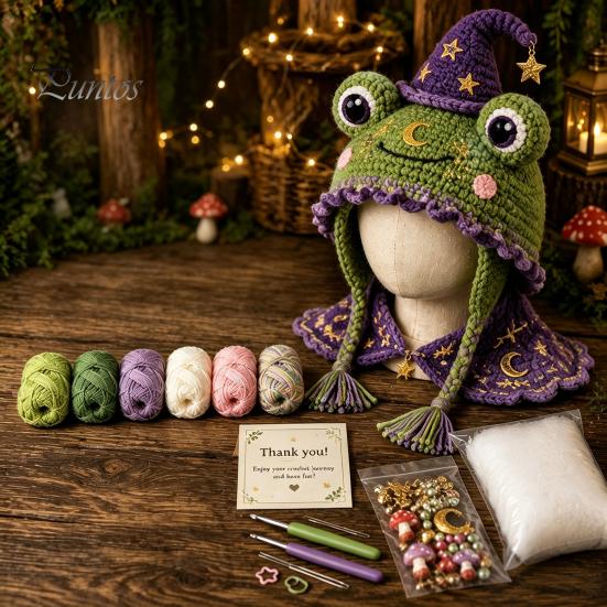Beginner Friendly Yarn Arts Animal Hat Crochet Kit, Fantasy Hood DIY Cute Craft Gifts for Adults Unicorn Fox Frog Earflap Crafting Kit Teens Halloween