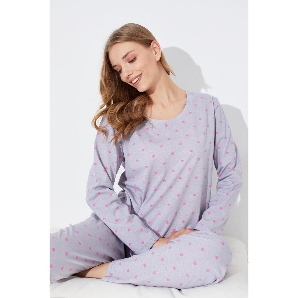 Pink Black Heart And Point Patterned Knitted Pajama Set 7792