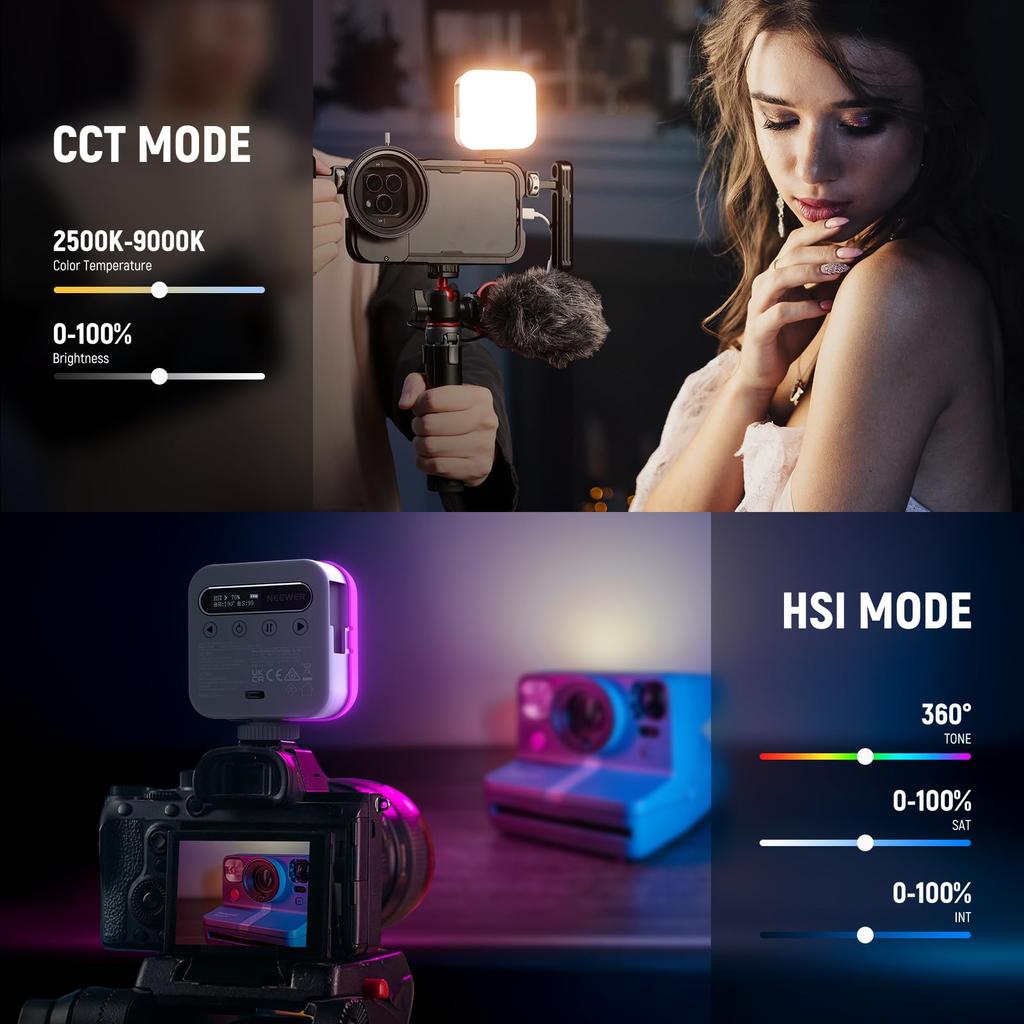 NEEWER BASICS BL60C RGB Video Light Magnetically Mountable 360° Full Color Photography Light 2500-9000K CRI96+ 18 Scene Effects Portable Rechargeable