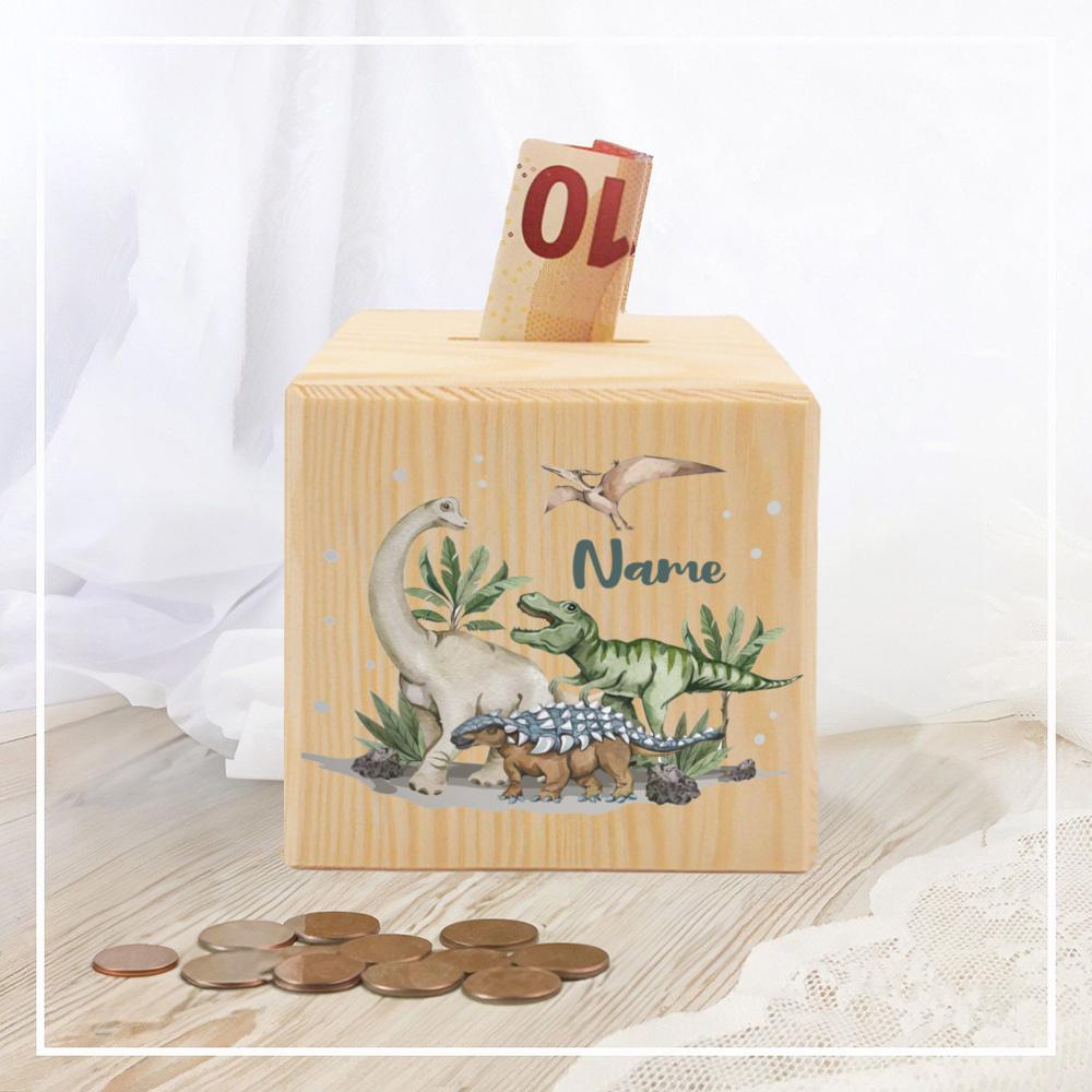 Customized Dino Dinosaur Pattern Wooden Piggy Bank Kids Money Boxes Coin Collection Case Wooden Coin Bank Child Shower Gift