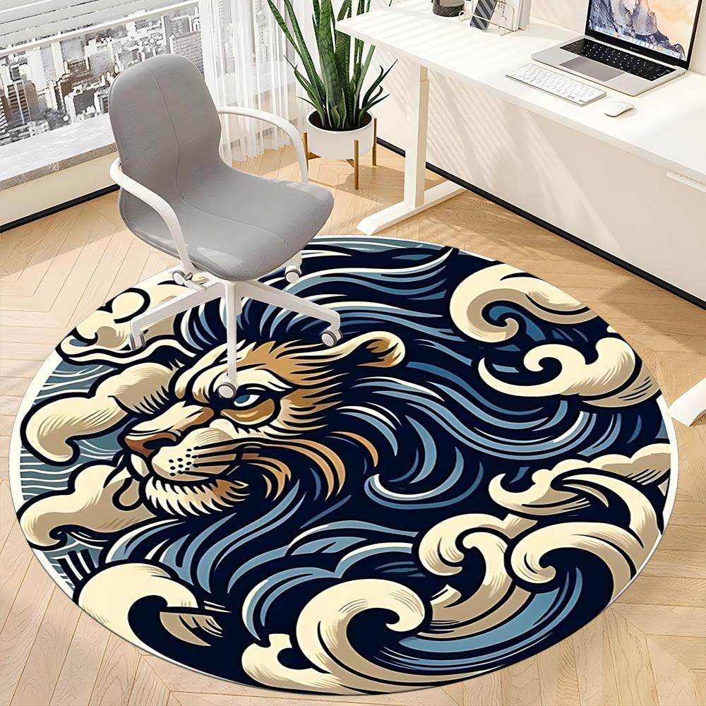 1pc Wave Lion Office Round Area Rug, Mat Suitable For Office, Under Office Chairs Bedroom Living Room Home Decor, Room Deco