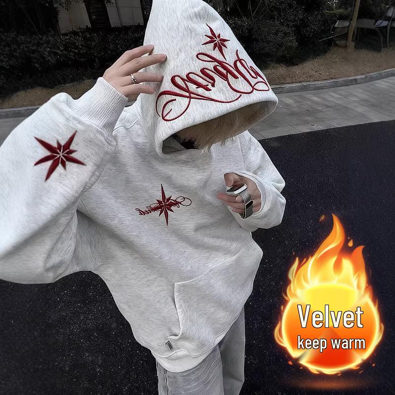 Американский уличный стиль Гуочао Вышитый флисовый худи - Унисекс Свободный крой Extra Large