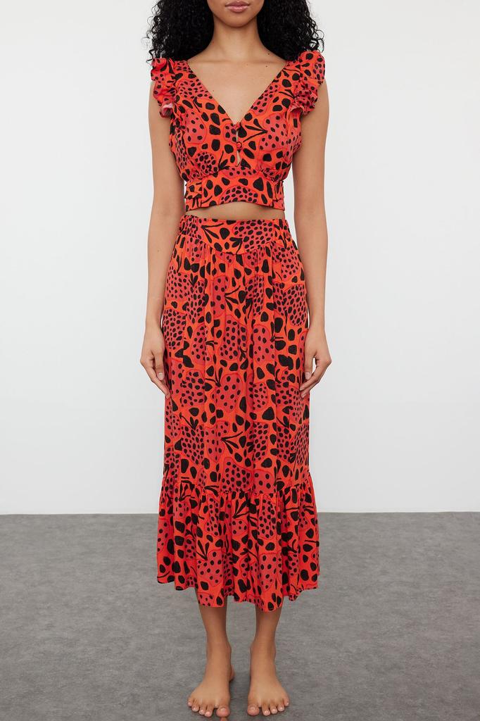 Women's Style Bottom-Top Set Clothes Floral Patterned Woven Flounce Blouse Skirt Set