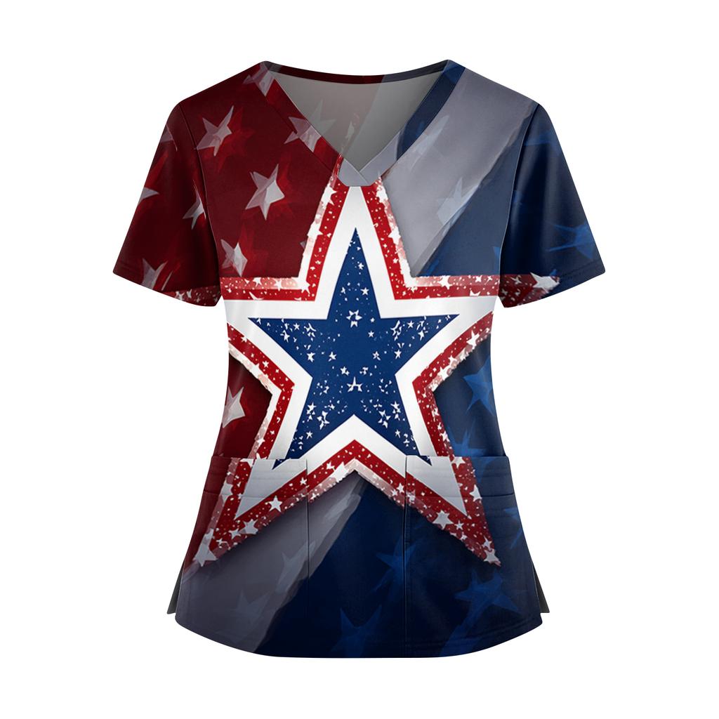Women's Independence Day Print V-Neck Double Pocket Short Sleeve Uniform with Slit Hem - Caregiver Top