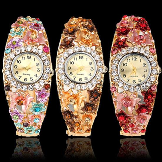 Dameblomst sommerfuglkjole Klokke Rundskive Rhinestone Armbånd Armbåndsur