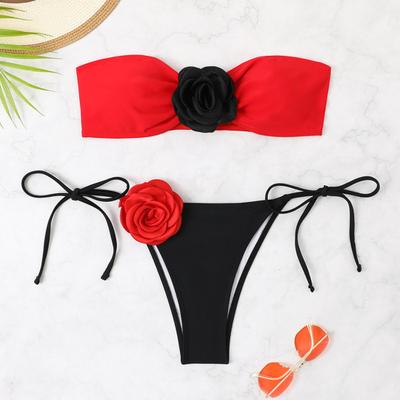 2 Pcs/Set Women Bikini Set Off Shoulder Lace-up Fake Flower Decor Color Matching Patchwork Soft Detachable