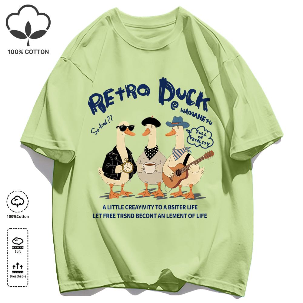Retro Duck With Free Time T Shirt Unisex Fashion All-Match Basics Streetwear O-Neck Cotton Clothing Unisex Summer Loose Tee