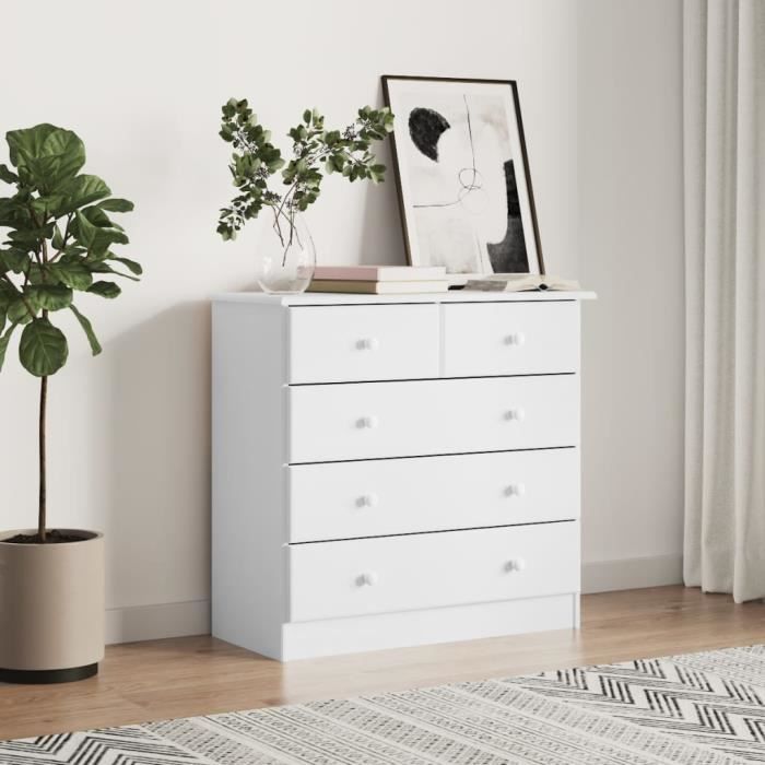 Chest of Drawers - ALTA - White - Solid Pine Wood - 5 Drawers - 77x35x73 Cm