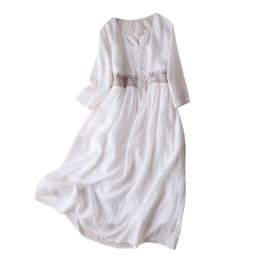 Cotton Casual Dress Elegant Ethnic Embroidered Midi Dress with High Waist Double Layers Women's Spring Summer A-line Dress