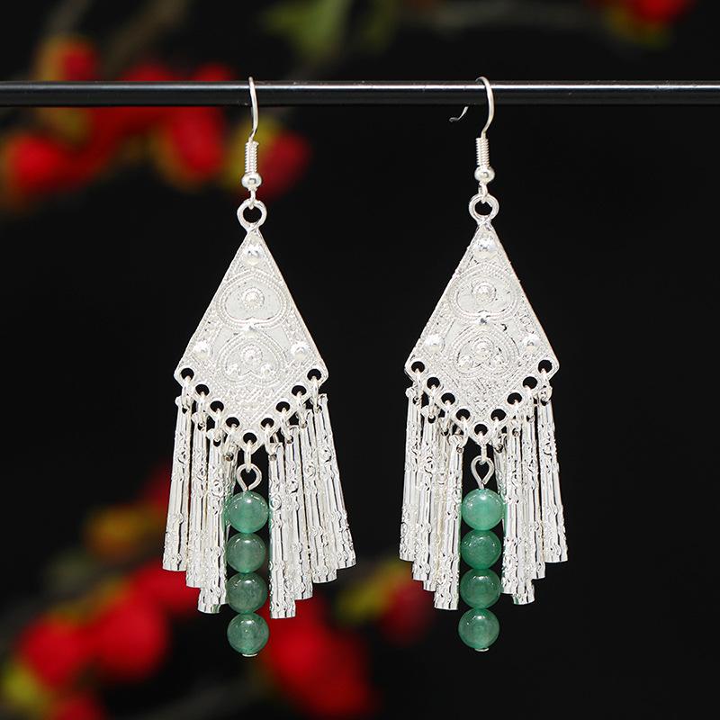 Miao Yin earrings original niche retro Dongling jade earrings long fringed earrings women