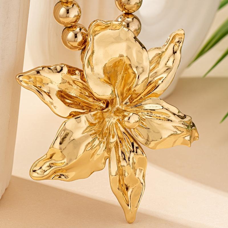 1Pc Boho Beaded Chain Metal Large Volume Flower Pendant Necklace For Women Daily Occasion Party Evening Wear