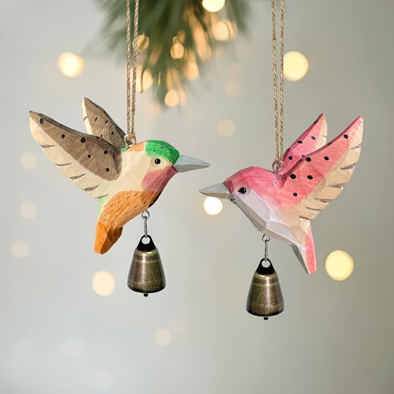 Hand-Carved Wooden Hummingbird Figurine with Bell Handmade Bird Art Carved Small Animal Garden Statue Mini Wildlife Sculpture