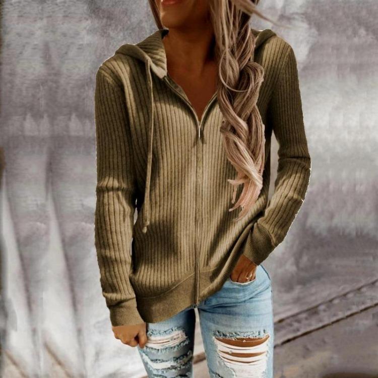 Gestrickter Pullover Hoodie Damen Locker Reißverschluss Strickjacke Langarm Einfarbig Freizeit Herbst Winter Mit Kapuze
