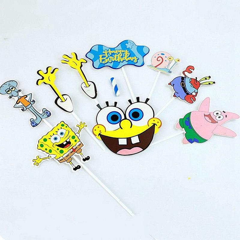 

Торт в стиле Губки Боба Квадратные Штаны, украшение, товары для детской вечеринки по случаю дня рождения, милый NinePiecesSet