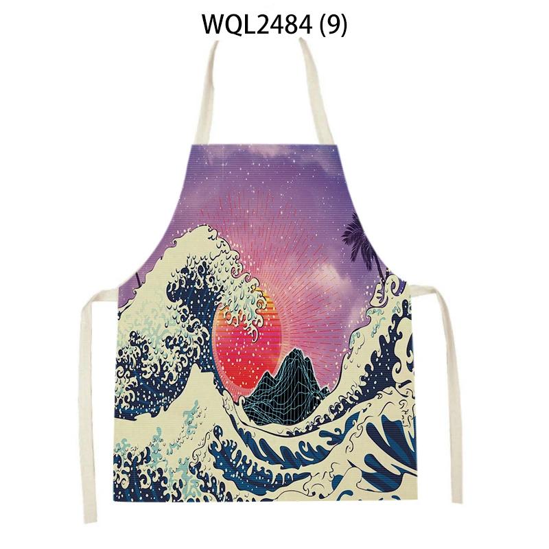 

Japanese Style Kitchen Waves Sunrise Print Aprons for Women Linen Pinafore Bibs Household Cleaning Home Cooking Apron 47x38cm