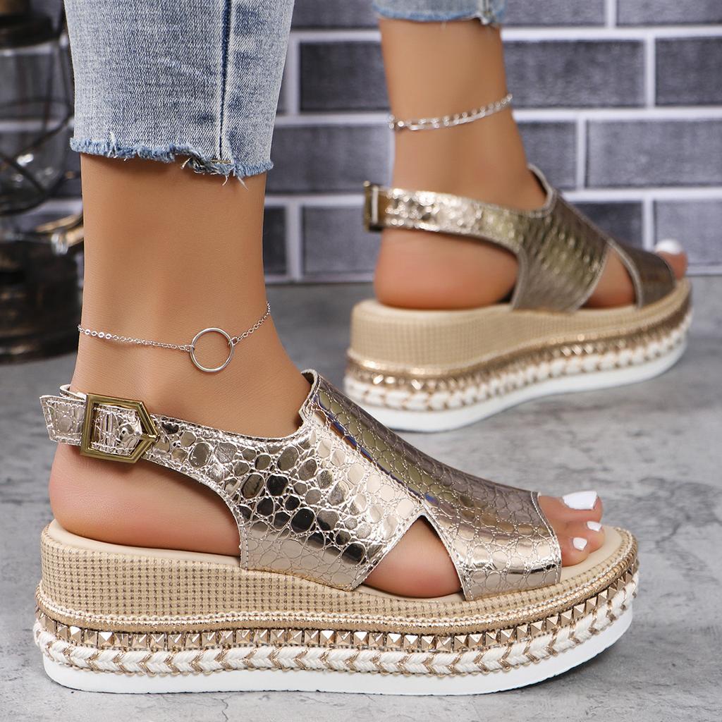 Sandali Estivi Nuovi con Fibbia e Tacco a Zeppa Scarpe Bocca di Pesce Taglia Grande Moda Punta Tonda Calzature Comode con Fondo Spesso