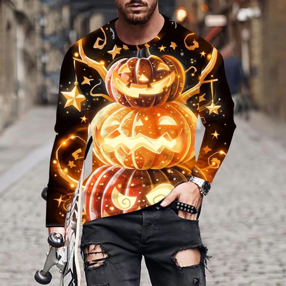 Fashion Men's Pumpkin Ghost 3D Printed T-shirt Comfortable Soft Breathable Loose Large Casual Sports Versatile Round Neck Long Sleeve T-shirt