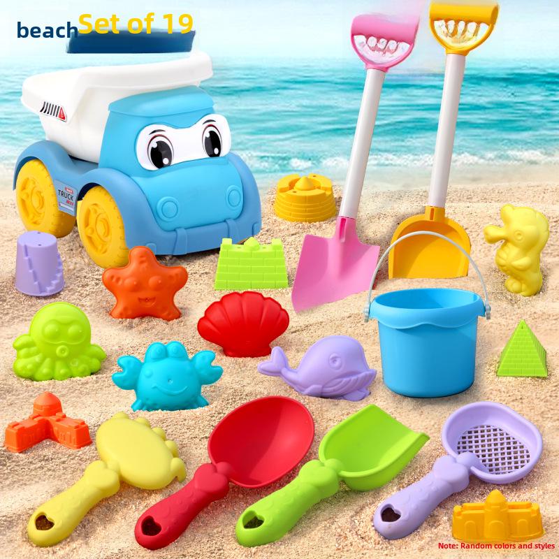 

Детский пляжный набор игрушек: Машинка, ведро, лопата, песочные часы и песочные инструменты для игр с водой и песком.