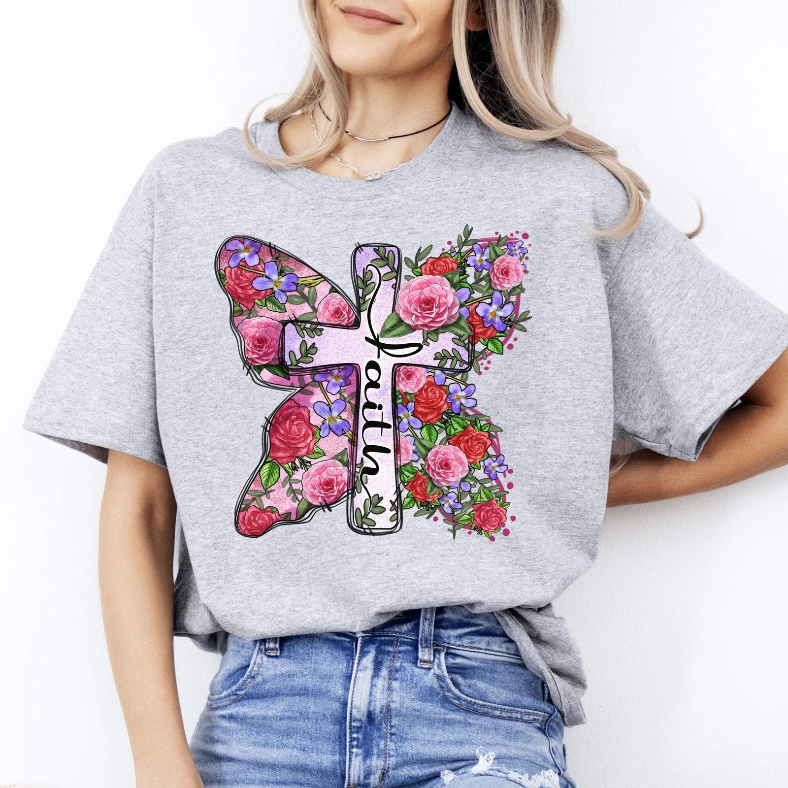 Faith flower cross T-Shirt gift Christian cross butterfly floral Unisex Tee Sand S