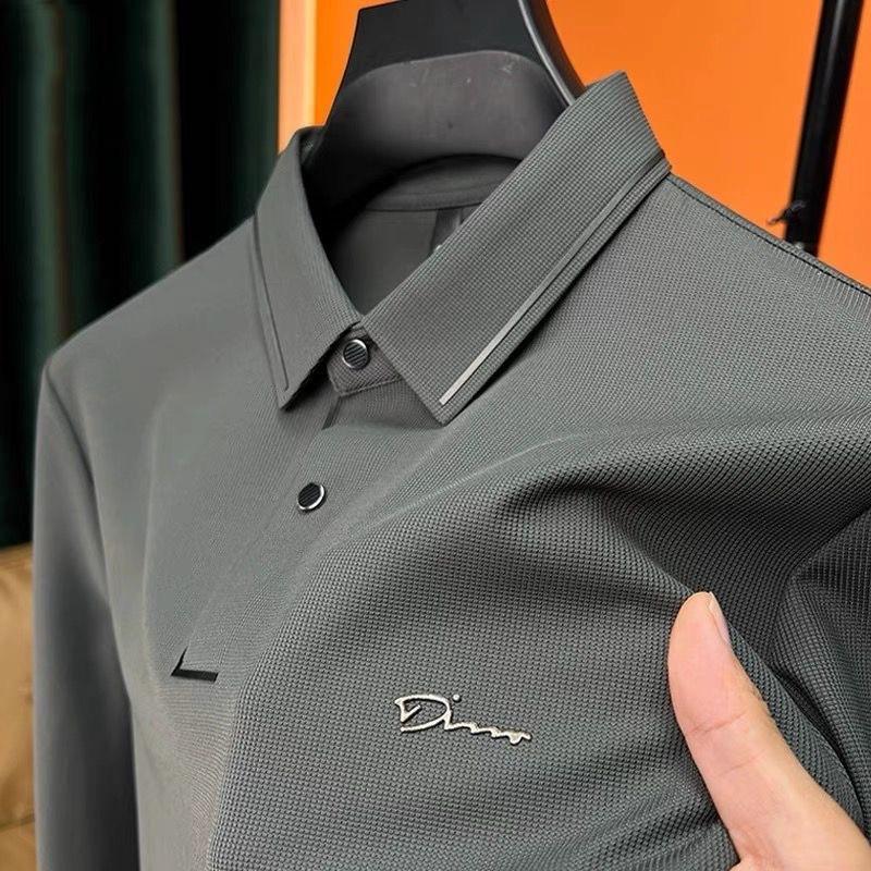 Waffle Seamless New Long-sleeved T-shirt Men's Lapel Business Casual Spring and Autumn Polo Shirt Middle-aged Dad Wear