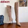 Mode Mode Spitzschuh Damen Moderne Stiefel mit dünnen Absätzen Schuhe Flock Damen Kniehohe Stiefel Slipper Damenschuhe