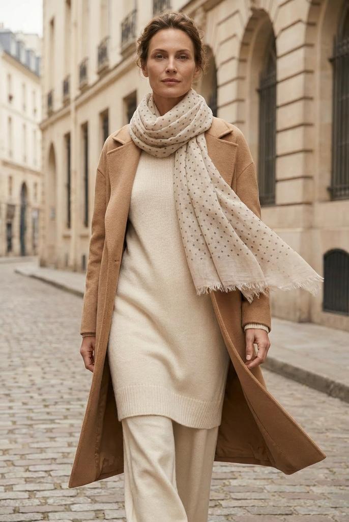 Cream Polka Dot Scarf - 50% Viscose, 50% Cotton