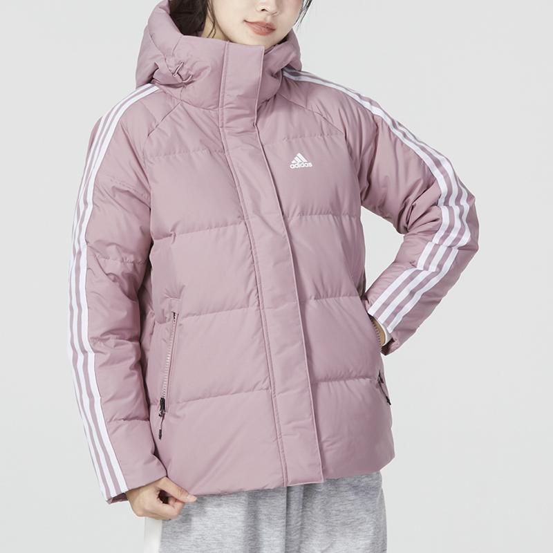 Adidas W 3St Puff Jacket Logo Striped Print Zipper Hoodie Long Sleeve Down Coat Women Jackets Pink HR8446