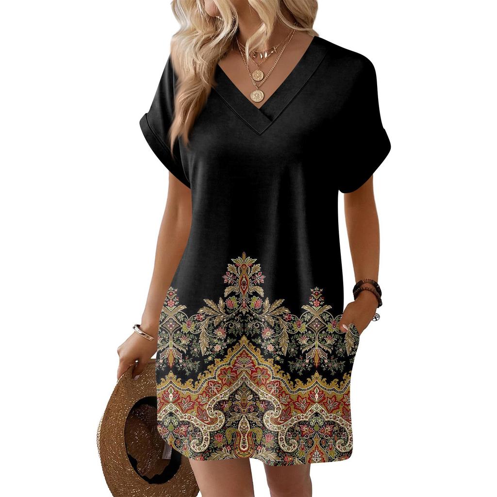 Women's Fashionable Floral Print V-neck Short Sleeved Pocket Casual Pullover Dress