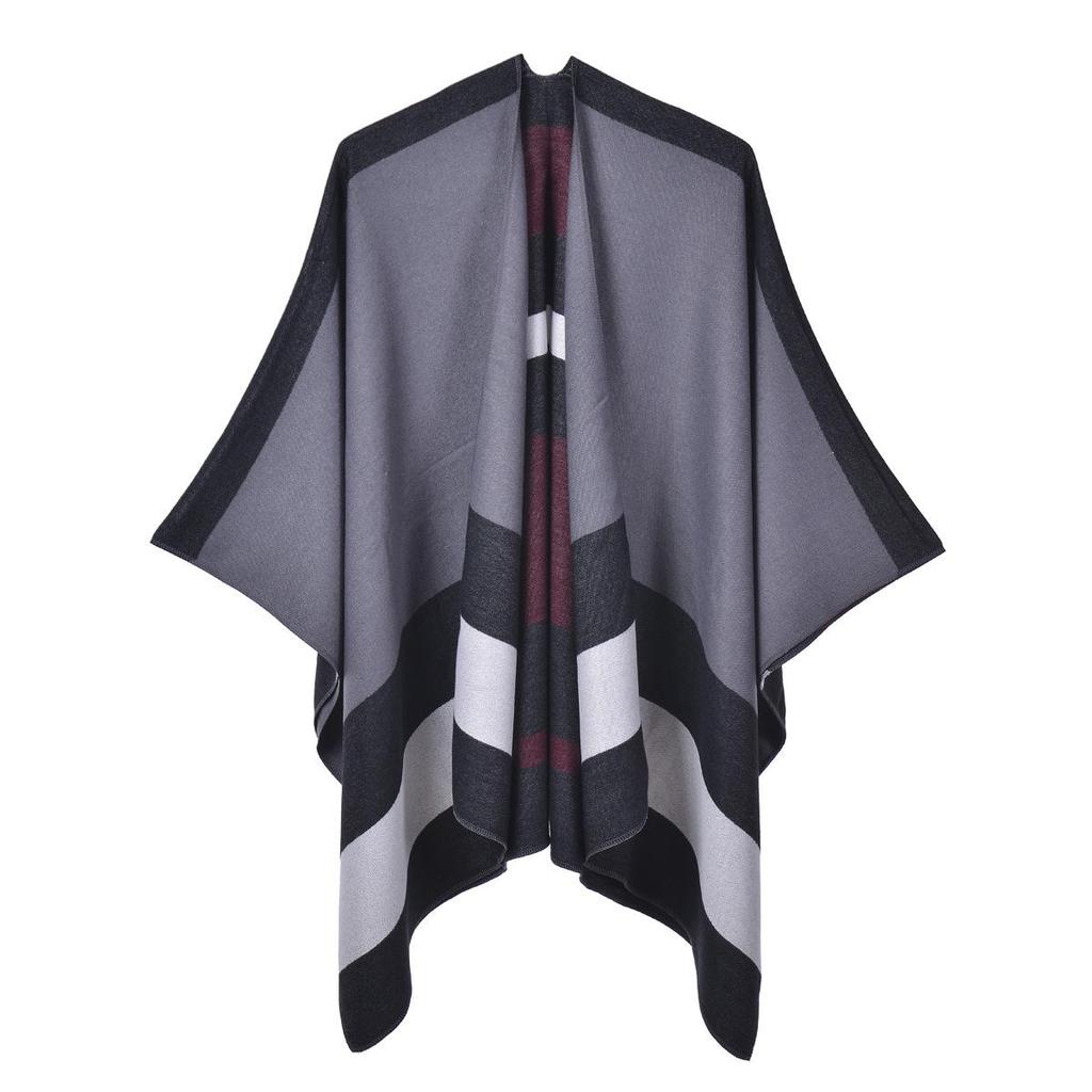 Stylish Striped Double-Sided Scarf Shawl: European & American Fashion Cape Women's Warm Outerwear Cardigan