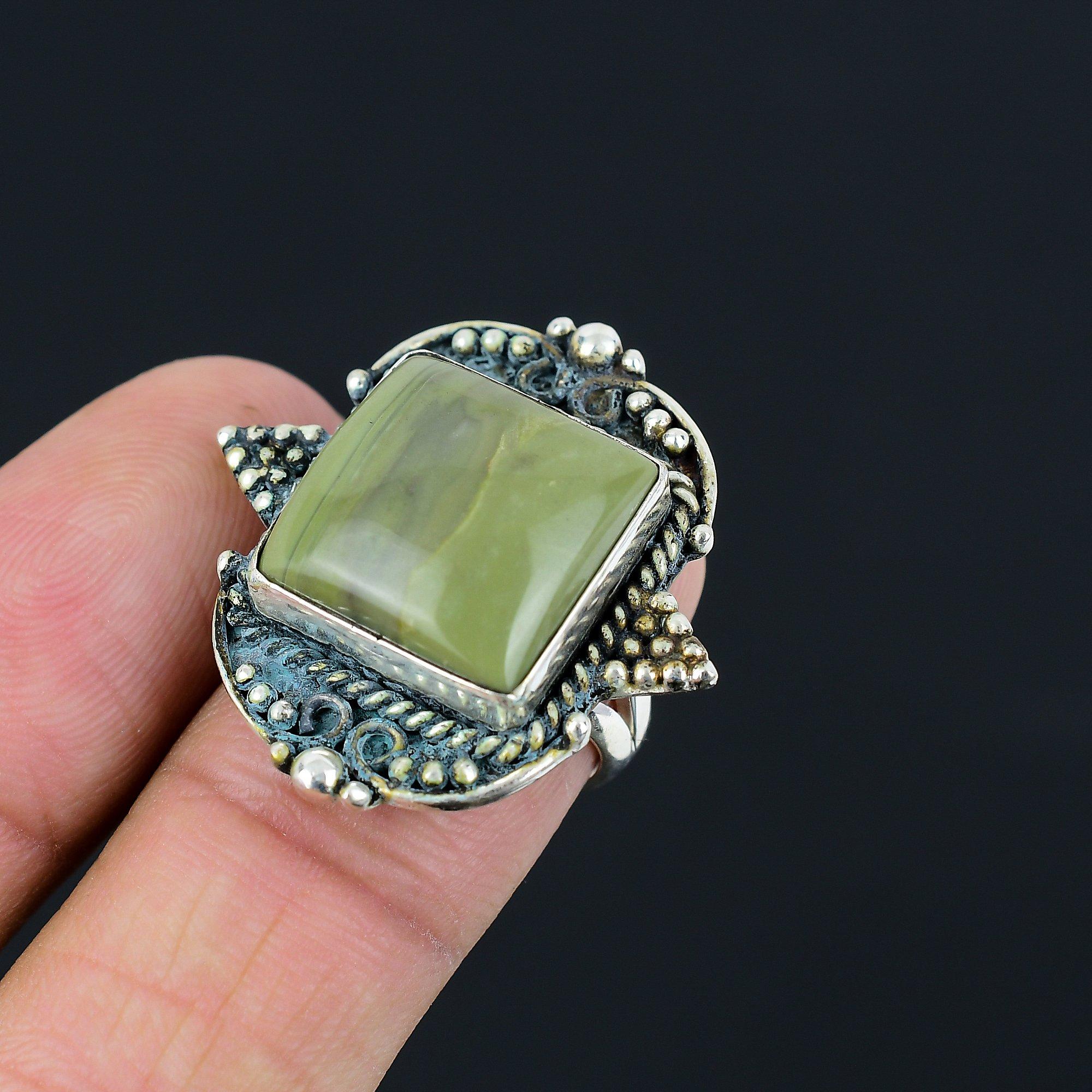 925 Silver Square Polychrome Jasper Gemstone Sister Statement Handcrafted Ring 9