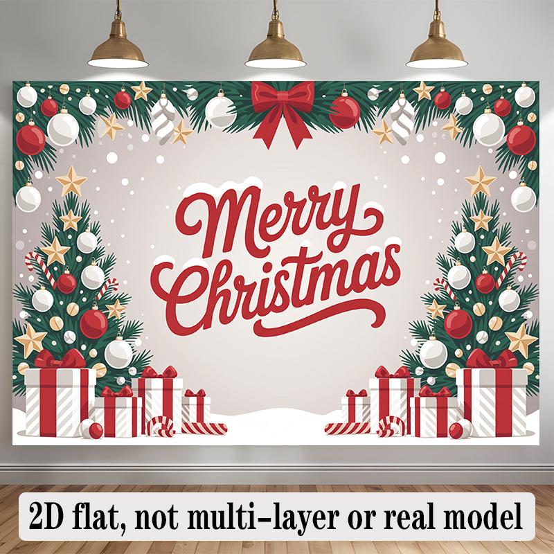Party Banner Pine Tree Ornaments Bows Christmas Backdrop, Polyester Wall Decor for Celebration & Photos