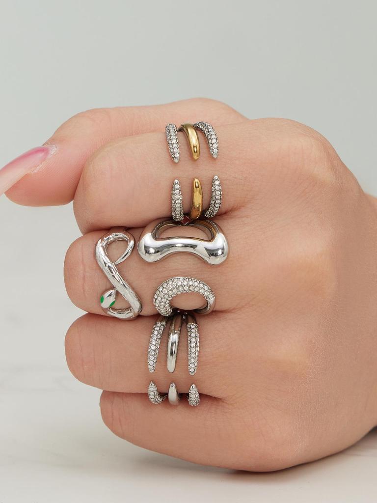 18k Gold-Plated Zirconia Inlaid Stainless Steel Open Ring Set - Modern Fashion Jewelry