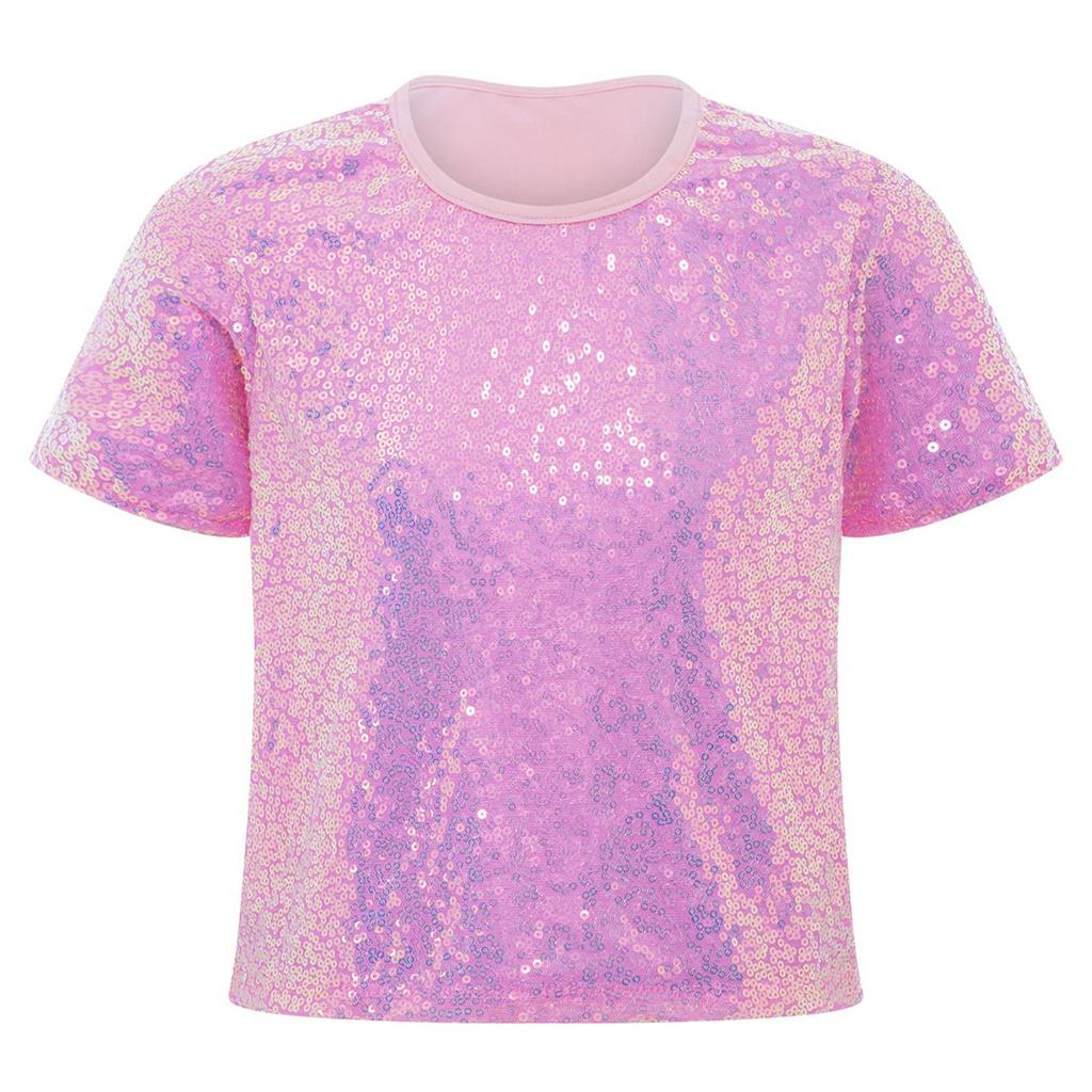 Girls Shiny Sequins Round Neck Short Sleeve T Shirt Cheerleading Dance Performance Stage Party Top