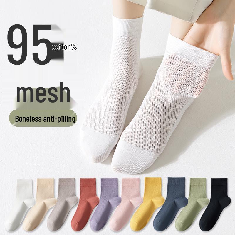Women's Summer Cotton Mesh Mid-Calf Socks - Sweat-Absorbent, Odor-Resistant, Breathable, Non-Slip, Boneless, White.