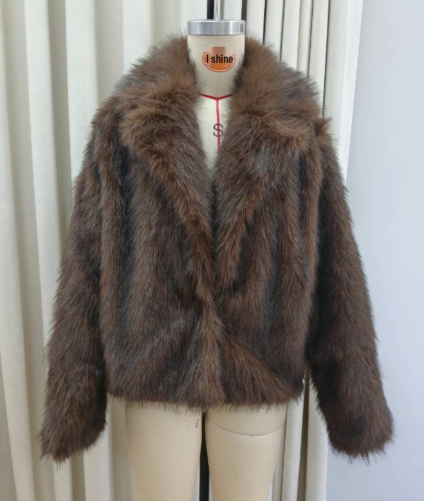 

Khaki Faux Fur Long Sleeve Coat - 2025 European/American Autumn/Winter Fashion, Turn-Down Collar, Versatile Style. XL