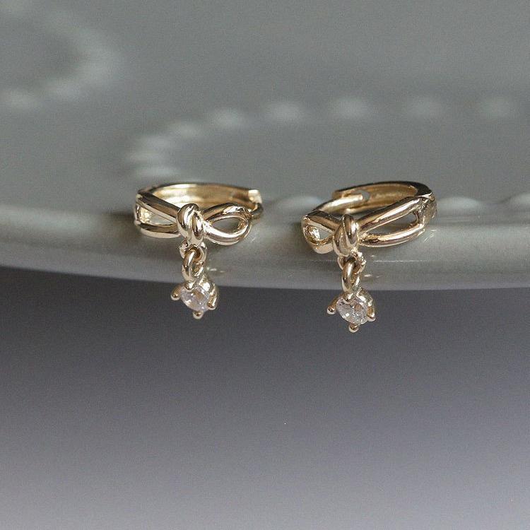 14K Gold-Plated S925 Silver Bow Pendant Earrings with Ear Bone Cuff and Hoop Gold pair