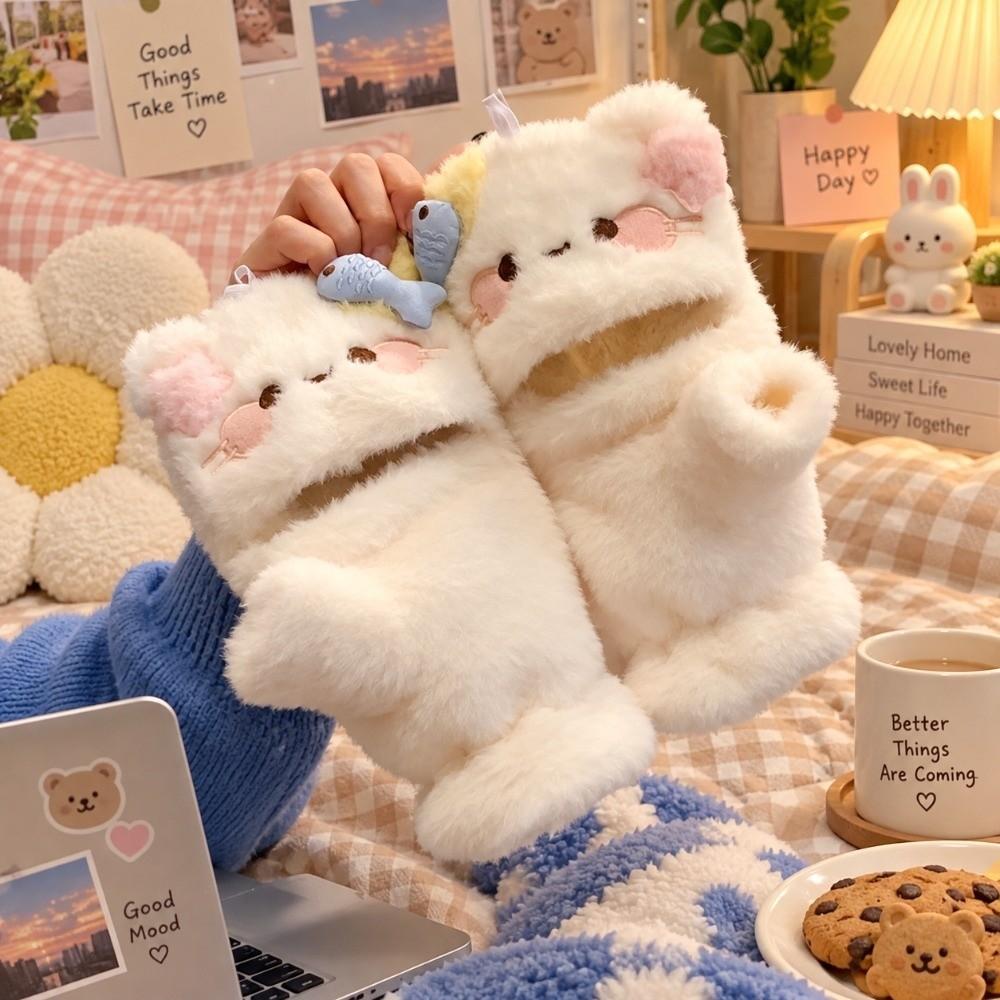 Half Finger Cartoon Cat Gloves One Size Flip Top Gloves Cute Plush Kitty Gloves For Women