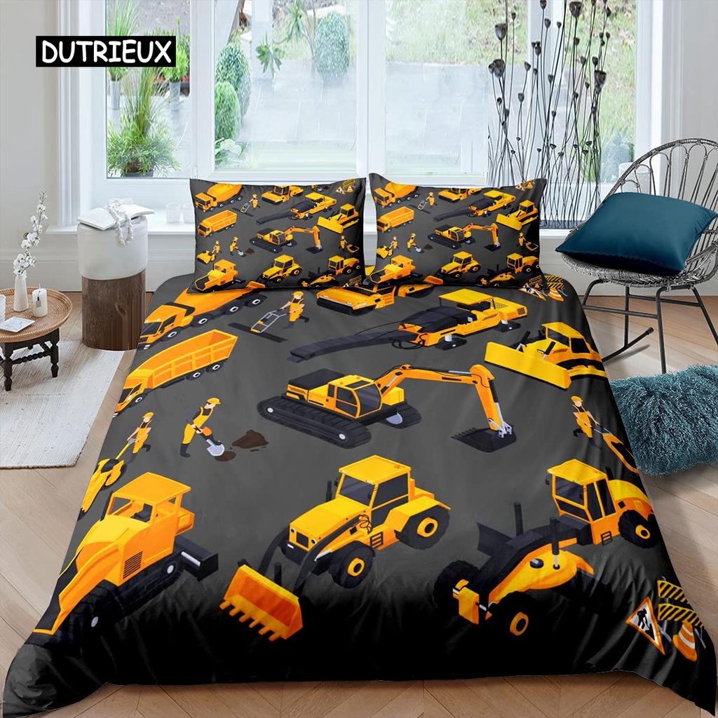 Excavator Duvet Cover Set Microfiber Tractor Truck Comforter Cover Twin Construction Vehicle Cartoon Bedding Set for Boys Teens