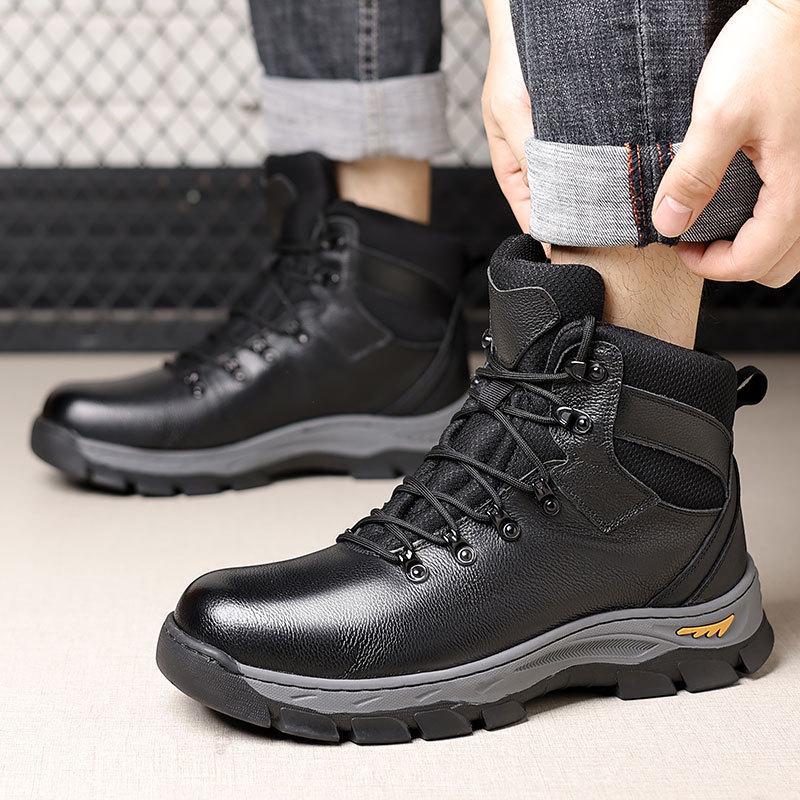 Northeast Men's Genuine Leather High-Top Snow Boots with Plush Lining, Non-Slip Sole, and Warm Fur.