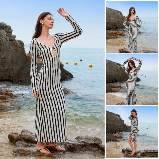 Cover Up Dress V-Neck Long Sleeve Loose Fit Beach Dress Loose Fit Striped Print Sun Protection Bikini Cover Up Dress Beachwear