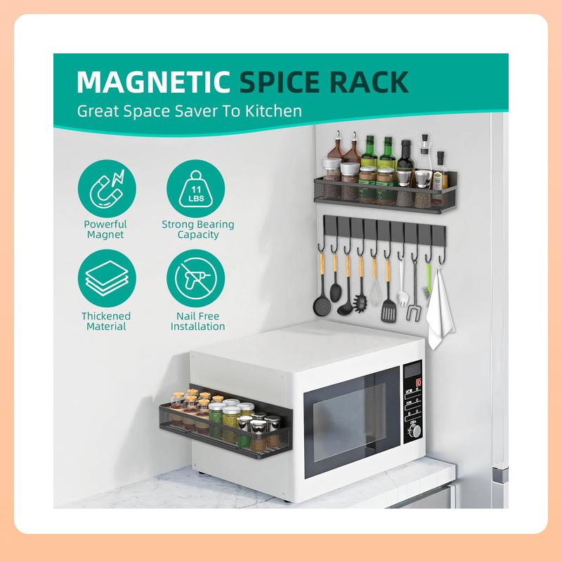 Magnetic Refrigerator Organizer - No Drill Kitchen Spice Rack with Hooks, Side Mounted Utensil Holder for Condiments & Paper Tow
