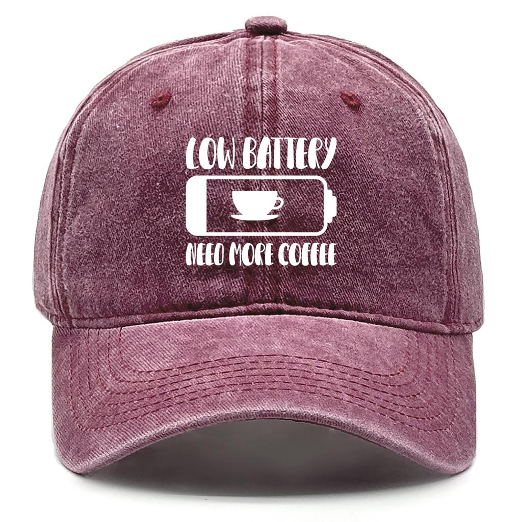 "Low Battery Need More Coffee" Print Adjustable Baseball Hat Washed Cotton Cap For Man Distressed Solid Snapback Baseball Cap