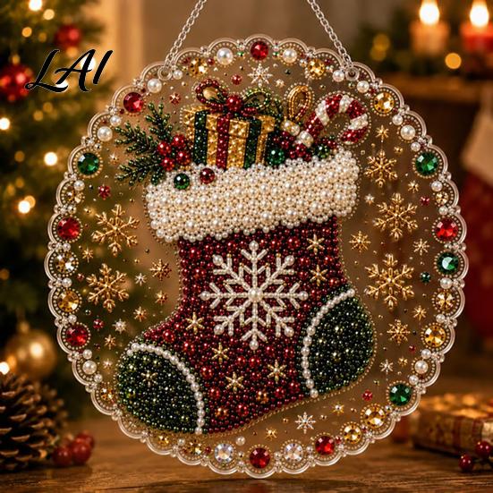 Decorative Ornaments for Garden Christmas DIY Faux Diamond Painting Hanging Santa Wreath Acrylic Pendant Pearl Holiday Celebration Party Supplies