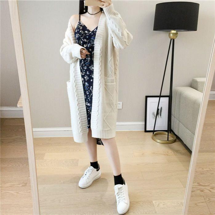 Loose V-neck Mid-length Knitted Cardigan for Women Diamond-shaped Twisted Sweater Coat Solid-color Casual Long-sleeved Cardigan