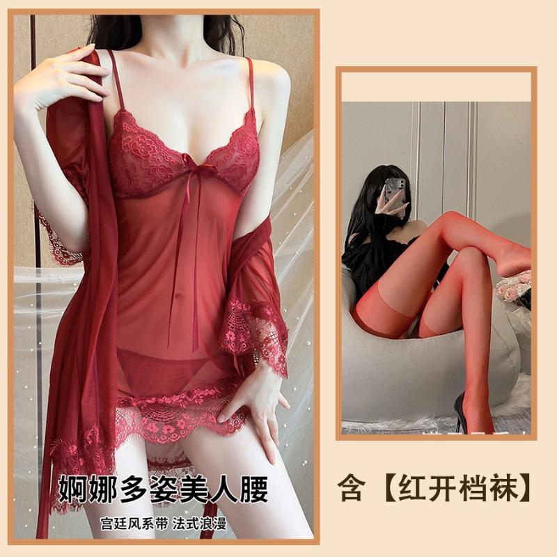 Sexy Women's Pajamas, Be Careful, Large Size Lace Mesh Yarn, Pure Desire Wind, Hot Transparent Robe, Four-piece Home Furnishing