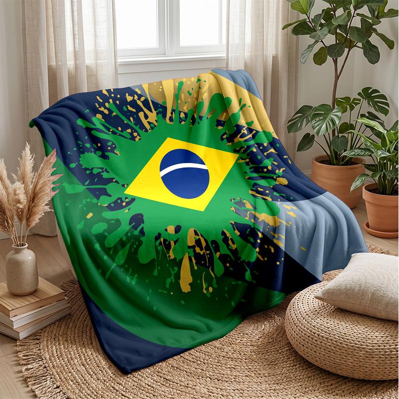 Brazil Football Printed Flannel Blanket Skin Friendly Warm Decorative Throw for Indoor Couch Bed Daily Use