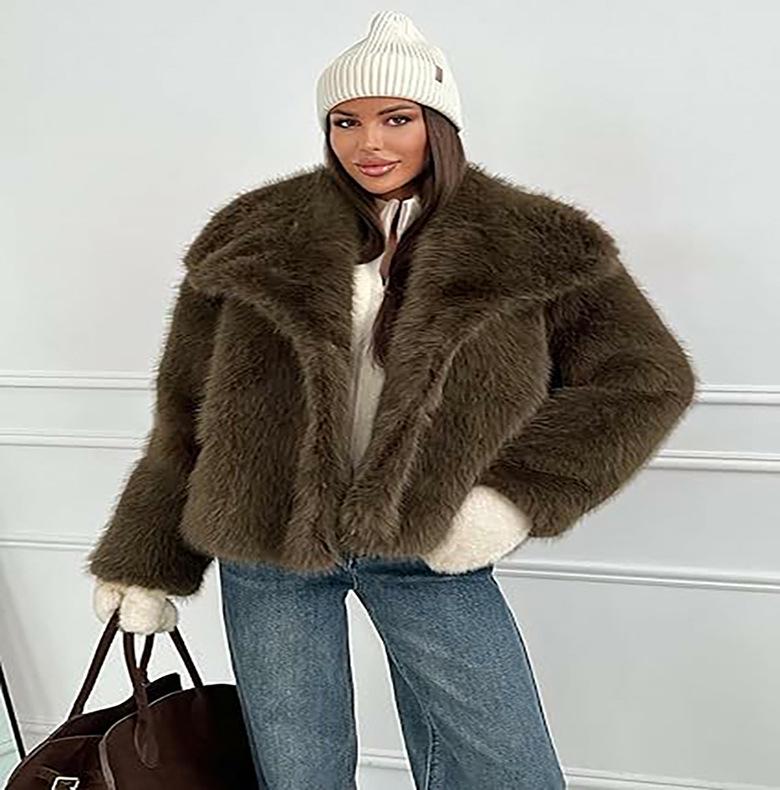 Eco-friendly Faux Fur Coat with Large Lapel, European-American Fashion, Thick and Cozy, Winter 2025 Collection