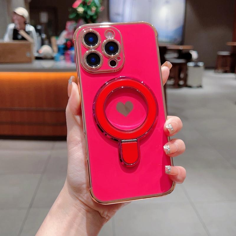 For Magsafe Plating Love Heart Bracket Wavy Case For iPhone 17 Air 16E 15 14 13 12 11 8 Pro Max Plus Magnetic Stand Holder Cover